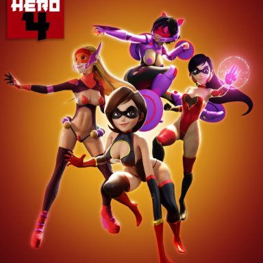 3d, 4girls, adult, belly button, big breasts, big hero 6, black hair, blonde hair, breasts, brown hair, bust, busty, cleavage, cleavage cutout, costume