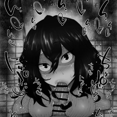 1boy, 1girls, big breasts, big penis, black and white, blush, bodysuit, censored, dark skin, dark-skinned male, detailed background, domino mask, drooling, eyelashes, fellatio