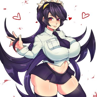 belly, belly button, big ass, big breasts, big thighs, blood, blood in hair, blood splatter, blush, filia (skullgirls), happy, heart, huge breasts, large breasts, long hair