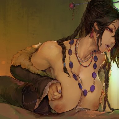 1girls, absurd res, areolae, artist name, bare shoulders, black hair, breasts, cleavage, cum, cutesexyrobutts, female, final fantasy, final fantasy x, fur trim, hair ornament