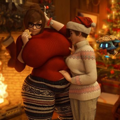 2girls, 3d, breast grab, breasts, christmas, cleavage, female, female only, huge breasts, mei (overwatch), overwatch, slightly chubby, thick thighs, tracer, urbanator