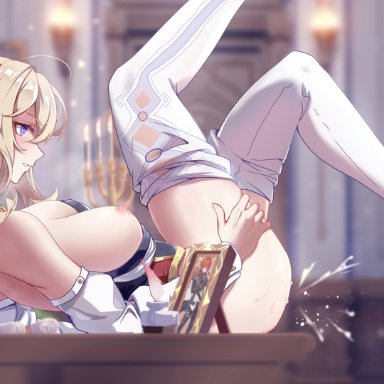 1boy, absurdres, bare shoulders, barefoot, blonde hair, blue eyes, blush, book, breasts, breasts outside, candle, detached sleeves, diluc (genshin impact), feet, female