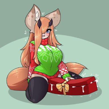 1futa, anthro, bottomless skirt, breasts, christmas, clothed, clothing, cum, cum drip, curvy, erection, erection under clothes, erection under skirt, furry, futa only