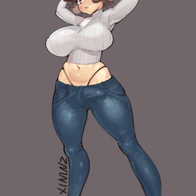1futa, animal ears, big breasts, breasts, brown hair, bulge, cleavage, clothed, clothing, cow ears, cow girl, cow horns, dickgirl, erection under clothes, full body