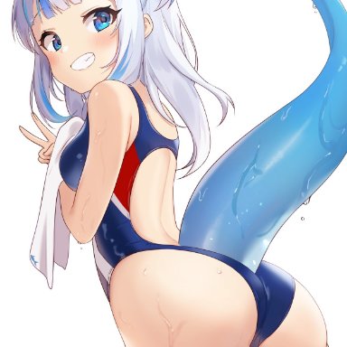 1girl, 1girls, ass, ass focus, big ass, blue eyes, breasts, female, female only, gawr gura, happy, hololive, hololive english, looking back, one-piece swimsuit