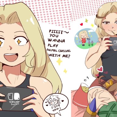 1boy, 1girls, 2020, 2koma, absurd res, angel, animal crossing, artist name, bag, bare arms, bare shoulders, between legs, blonde hair, blue eyes, blush