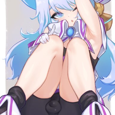 1boy, absurd res, androgynous, ass, balls, balls in shorts, blue eyes, blue hair, bulge, eye contact, femboy, feminine male, girly, gloves, hacka doll