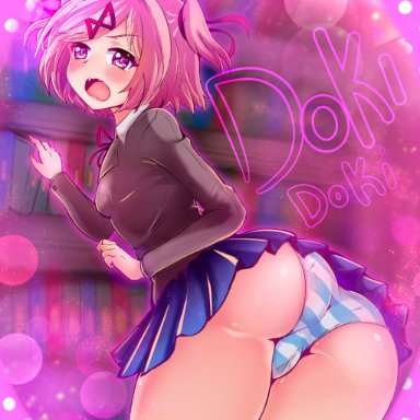 1girls, ass, back view, bare legs, blue skirt, blush, bookshelf, bubble butt, clothed, doki doki literature club, eyebrows visible through hair, female only, flat chest, hair ribbon, hairclip