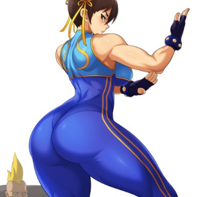 1boy, 1girls, absurd res, artist name, ass, birdie, black gloves, breasts, brown hair, chain, chun-li, double bun, female, fingerless gloves, gloves