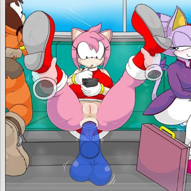 3girls, amy rose, anal, anal penetration, anal sex, anthro, anus, ass, blaze the cat, blush, briefcase, bus, candy, casual nudity, casual sex