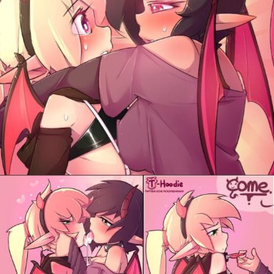 1boy, 1futa, artist signature, black hair, blonde hair, crossdressing, cum, cum in ass, cum inside, cute, demon, demon tail, demon wings, dialogue, femboy