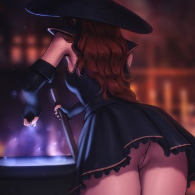 1girls, detached sleeves, female, female only, fleur ladouce (personalami), from behind, no panties, personalami, pussy, skirt, solo, thighhighs, upskirt, witch, witch hat