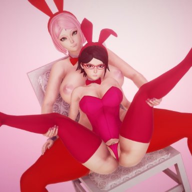 2girls, 3d, annoyed, bare shoulders, boruto: naruto next generations, breasts, bunny ears, bunny girl, bunnysuit, chair, detached collar, detached sleeves, female only, forehead mark, glasses