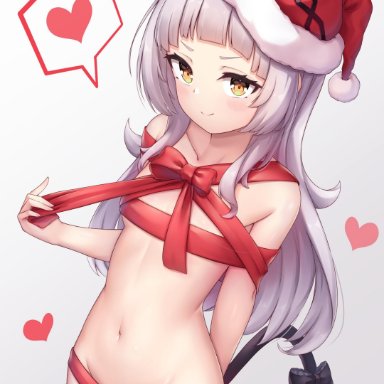 arata, christmas, female, flat chest, grey hair, heart, hololive, looking at viewer, murasaki shion, naked ribbon, orange eyes, santa hat, smile, solo, spoken heart