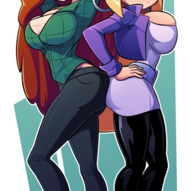 2girls, ass, ass to ass, big ass, big breasts, blonde hair, boots, breasts, earrings, gravity falls, hand on hip, hat, large breasts, pacifica northwest, ravenravenraven