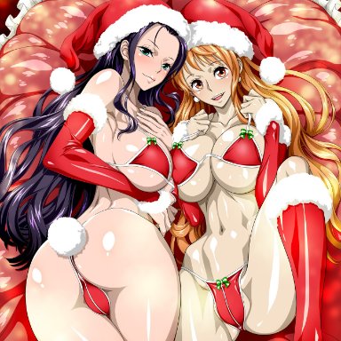 black hair, christmas, looking at viewer, looking pleasured, nami, nel-zel formula, nico robin, one piece, orange hair, underwear