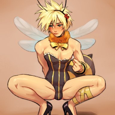 1boy, ambush (trap), antennae, arthropod abdomen, blonde hair, blue eyes, blush, bulge, bunnysuit, bunnysuit bulge, clothing pull, cloud strife, embarrassed, femboy, final fantasy