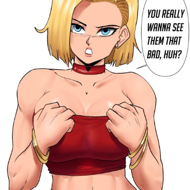 1girls, android, android 18, annoyed, big breasts, blonde hair, blue eyes, breasts, dragon ball, dragon ball z, earrings, echosaber, eye contact, female, large breasts