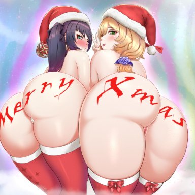 2girls, ass, bent over, blush, christmas, female, female only, from behind, genshin impact, highres, huge ass, lisa (genshin impact), merry christmas, mona (genshin impact), santa hat