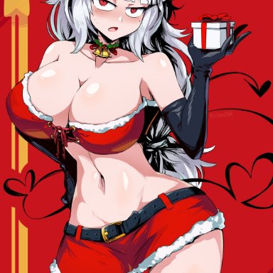 1girls, 2020, armpits, bare shoulders, bell, black gloves, blush, bow, breasts, choker, christmas, cleavage, demon girl, demon horns, demon tail