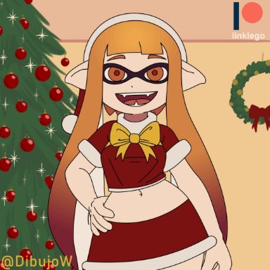 1girls, animated, bra, cephalopod, cephalopod humanoid, christmas, christmas tree, clothed, clothing, happy, inkling, inkling girl, linklego, looking at viewer, midriff