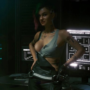 3d, boob, breasts, cyberpunk, cyberpunk 2077, female, girl, judy alvarez, rastifan, shiny skin, solo, tattoos