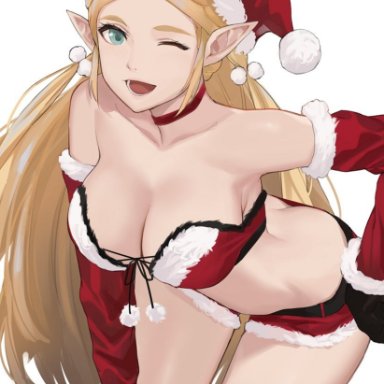 [email protected], 1girls, blonde hair, blue eyes, breath of the wild, christmas, christmas outfit, cleavage, female, gloves, long ears, long hair, looking at viewer, nintendo, princess zelda