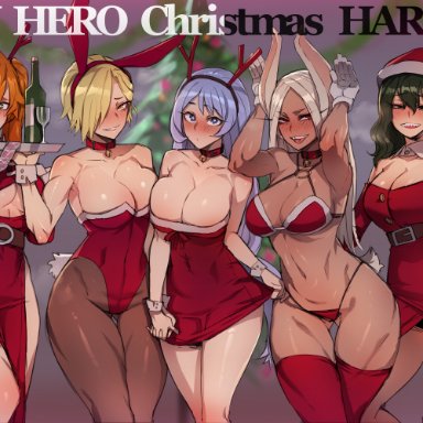 5girls, absurd res, animal ears, bunny ears, bunnysuit, christmas, condom, condom wrapper, dark-skinned female, hi res, itsuka kendou, looking at viewer, miruko, monster girl, my hero academia