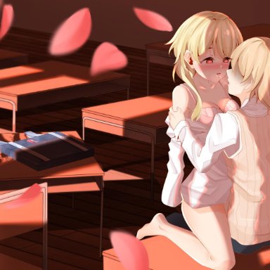 1boy, 1boy1girl, 1girls, absurd res, aether (genshin impact), ambiguous penetration, bikini, blonde hair, blush, bottomless, bra, braid, brother and sister, chair, classroom