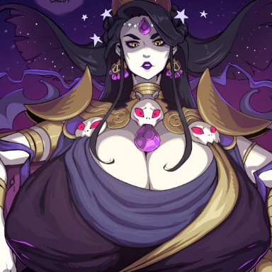 1girls, big breasts, black hair, breasts, dmxwoops, english text, female, hades (game), huge breasts, nyx (hades), speech bubble, text