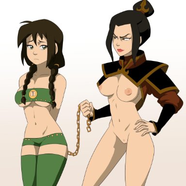 2girls, areolae, arms tied behind back, avatar the last airbender, azula, bottomless, braided hair, braided twintails, breasts, brown eyes, brown hair, chained, chains, cleavage cutout, drpizzaboi1