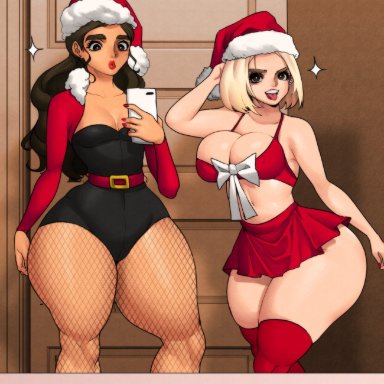 2girls, big ass, big breasts, blonde hair, bottom heavy, carmen marvello, christmas, female only, fishnets, huge ass, jay-marvel, kelsie daniels, large ass, latina, lingerie