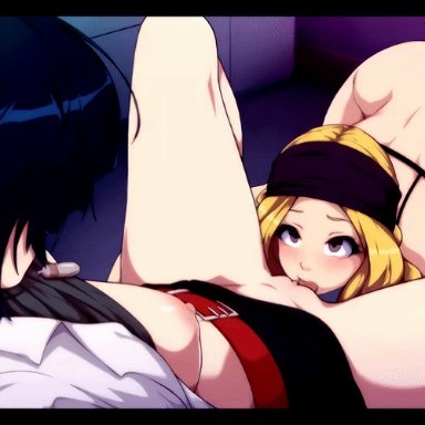 2girls, all fours, animated, animeflux, atlus, belt, black hair, blonde hair, blush, bra, bra only, breasts, breasts out of clothes, choker, clitoral hood
