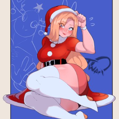 1girl, 2020, ass, background, big ass, big breasts, blonde hair, blue eyes, breasts, calgary callie, christmas, christmas outfit, female, female only, high resolution