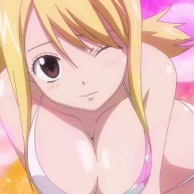 animated, big breasts, big butt, bikini, bouncing breasts, fairy tail, lucy heartfilia, shaking breasts, wink