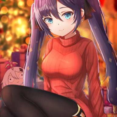 2020, 2girls, absurd res, antlers, black hair, blue eyes, blurry, blurry background, bow, breasts, christmas, christmas tree, clothed, clothing, earrings