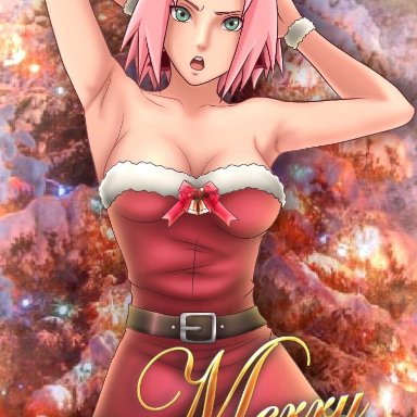 1girls, armpits, arms up, bracelets, breasts, cameltoe, christmas, cleavage, dress, female, female only, fur trim, green eyes, long hair, naruto