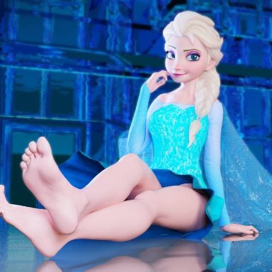 3d, bare thighs, barefoot, blonde hair, blue eyes, braided hair, disney, dress, elsa (frozen), eyeshadow, feet, feet together, foot fetish, foot focus, frozen (movie)