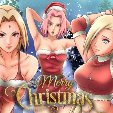 3girls, armpits, arms behind head, big breasts, blonde hair, blue eyes, breasts, brown eyes, christmas, cleavage, dress, facial mark, female, female only, forehead mark