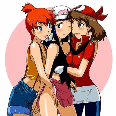 artist request, beanie, bike shorts, blue hair, brown hair, dawn (pokemon), hat, kasumi (pokemon), may (pokemon), misty (pokemon), multiple girls, pokemon, red hair, undressing