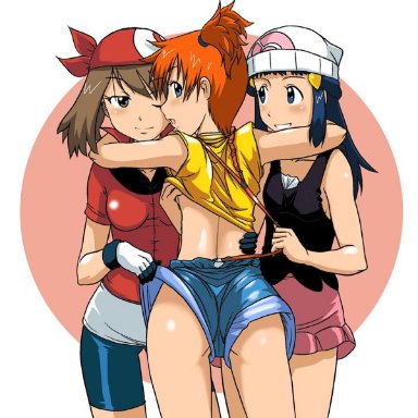 artist request, ass, beanie, bike shorts, blue hair, brown hair, dawn (pokemon), hat, kasumi (pokemon), may (pokemon), misty (pokemon), multiple girls, pokemon, red hair, undressing