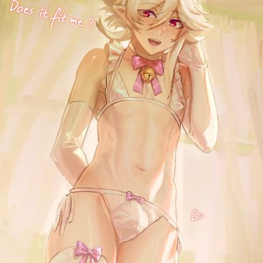 1boy, balls in panties, bell, bulge, cat ears, corrin (fire emblem), corrin (fire emblem) (male), crossdressing, dialogue, femboy, fire emblem, fire emblem fates, girly, gloves, lingerie