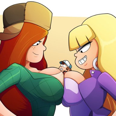 2girls, between breasts, big breasts, blonde hair, breast press, breasts, dipper pines, earrings, giantess, gravity falls, hat, huge breasts, long hair, pacifica northwest, ravenravenraven