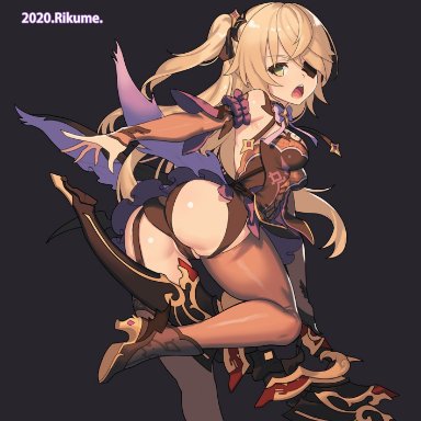 ankle boots, arm garter, artist name, ass, bare shoulders, between legs, black background, black ribbon, blonde hair, boots, bow, bow (weapon), bowtie, breasts, brown footwear