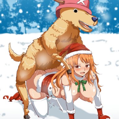 artist request, christmas outfit, doggy style, nami, one piece, orange hair, taken from behind, tony tony chopper, zoophilia