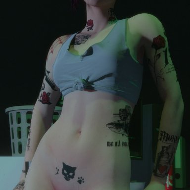 1girls, 3d, 3d (artwork), ballsack, blender, bottomless, cyberpunk, cyberpunk 2077, dyed hair, female, female only, hips, judy alvarez, latina, leaning