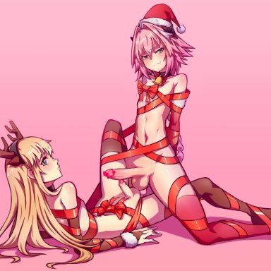 2boys, androgynous, astolfo (fate), balls, balls touching, blonde hair, blue eyes, blush, braided hair, censored, chevalier d'eon (fate/grand order), christmas, christmas outfit, fate (series), fate/grand order