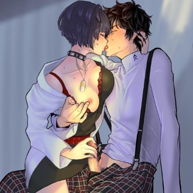 1boy, absurdres, amamiya ren, black hair, bra, breasts, closed eyes, collar, erection, female, french kiss, handjob, highres, jewelry, kissing