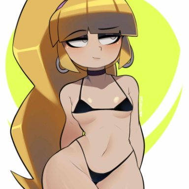 bathing suit, bikini, blonde hair, breasts, earrings, female, gravity falls, long hair, pacifica northwest, postblue98, simple background, smile, smiling, solo, solo female