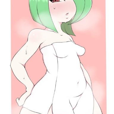 !, 1girls, anthro, blush, eye contact, female, green hair, kirlia, looking at viewer, nintendo, pokemon, pokemon rse, red eyes, saltyxodium, small breasts